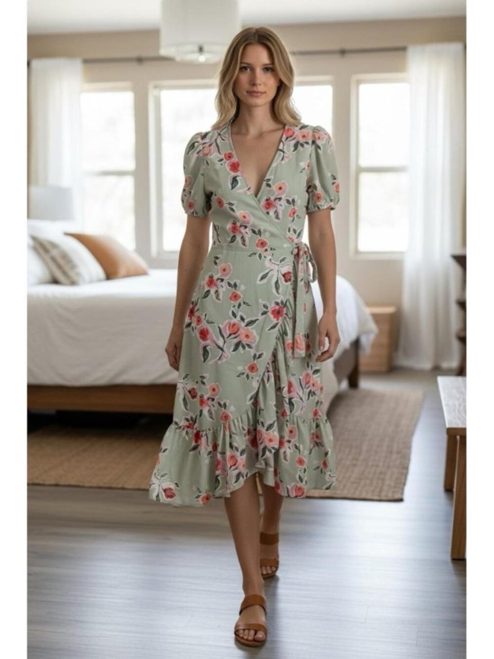 Lauren Conrad Sage Green Floral Surplice Neck Short Sleeve Ruffle Wrap Dress XL